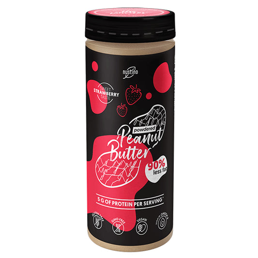 Erdbeer-Erdnussbutter von NUSTINO LOS HERMANOS in 200g Glas, cremige Textur mit Erdbeer- und Erdnussgeschmack.
