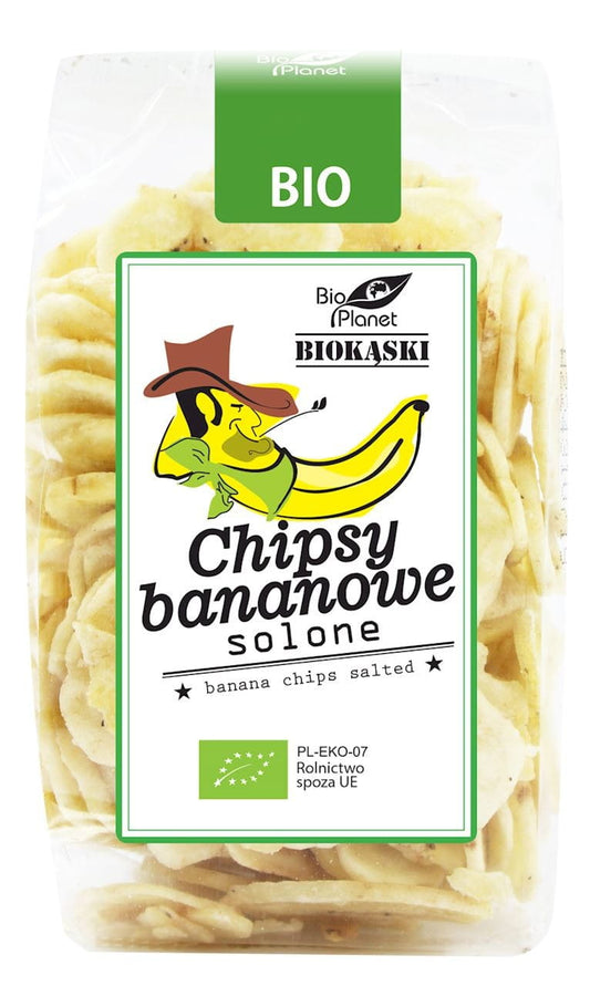 Gesalzene Bio-Bananenchips von BIO PLANET in 150 g Packung, knusprige und getrocknete Bananenstücke mit Meersalz.
