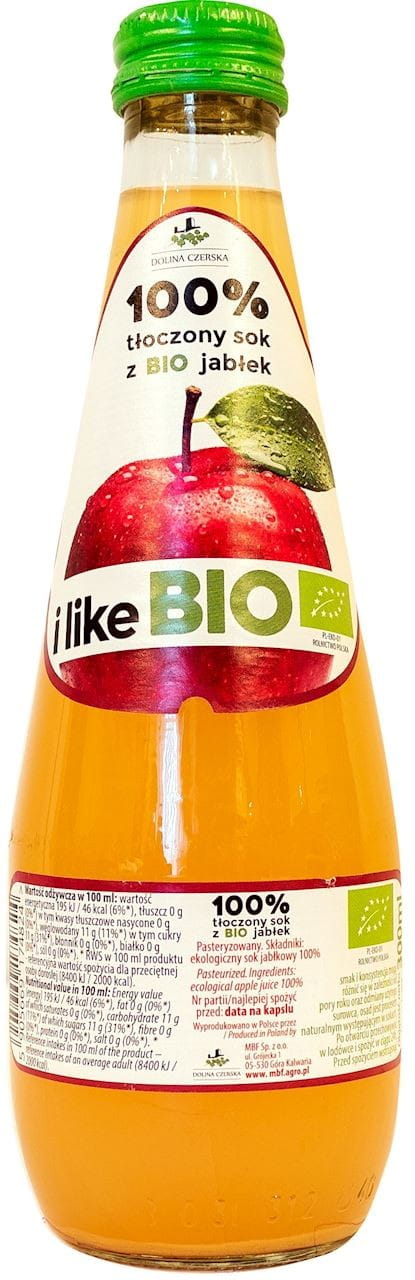 Bio Apfelsaft von Dolina Czerska in 300 ml Flasche, frisch und natürlich, zeigt die Flasche mit Apfelsaft in der Abbildung.
