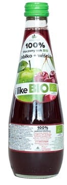 Bio Apfel- und Kirschsaft von Dolina Czerska in 300 ml Flasche, zeigt die Flasche mit Apfel- und Kirschenbildern.