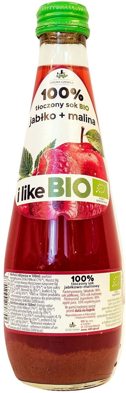 Bio Apfel- und Himbeersaft von DOLINA CZERSKA in 300 ml Flasche, zeigt frischen Saft mit roten Himbeeren und grünen Äpfeln