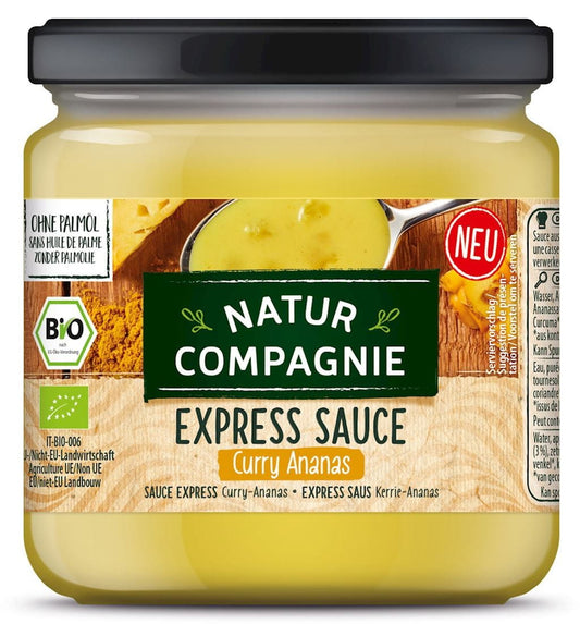 Biologische Currysauce mit Ananas von NATUR COMPAGNIE, 325 ml Flasche, cremige Sauce mit fruchtigen Ananasstücken.