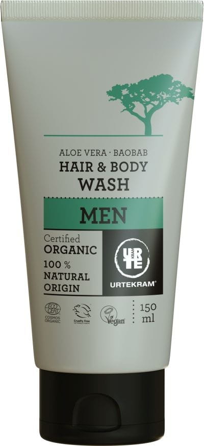 BIO Haar- und Körperwäsche für Männer von URTEKRAM, 150 ml Flasche, mit natürlichen Inhaltsstoffen, sichtbarer Produktflasche.