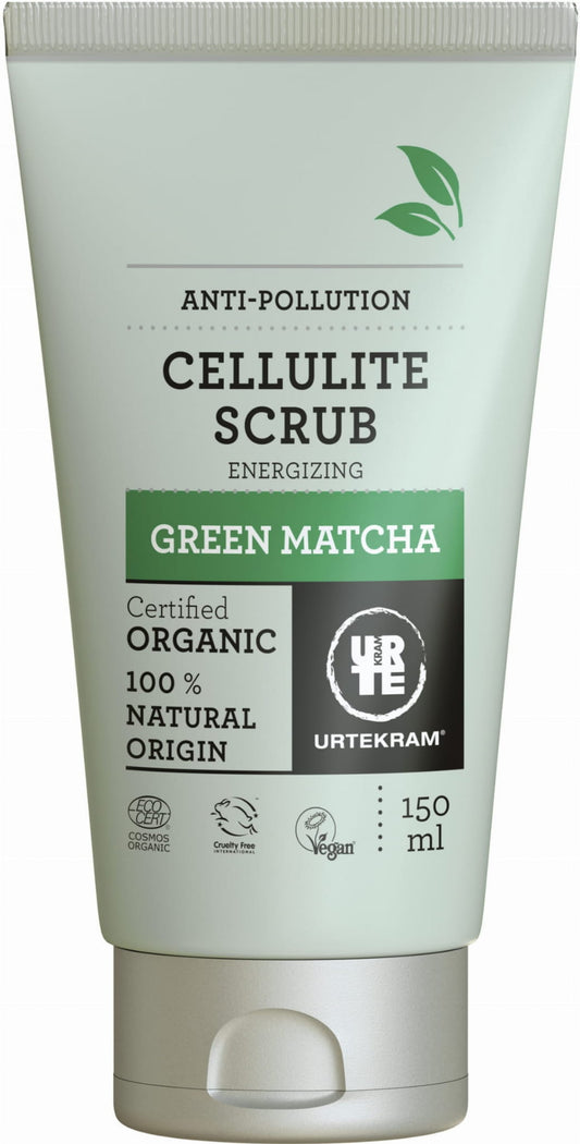 Anti-Cellulite-Peeling mit grünem Bio-Matcha von URTEKRAM, 150 ml, Sicht auf die Verpackung und das Produkt in einer Dose