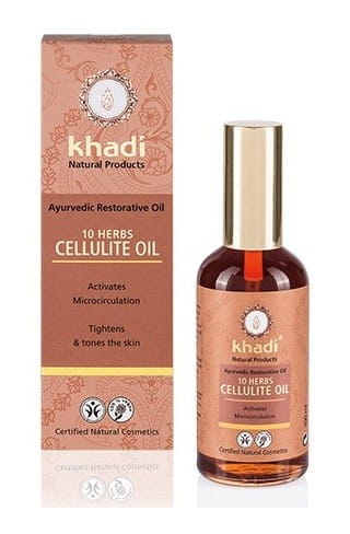 Biogo Anti-Cellulite-Öl mit 10 ayurvedischen Kräutern in 100 ml Flasche, zeigt das Produkt in einer eleganten Verpackung