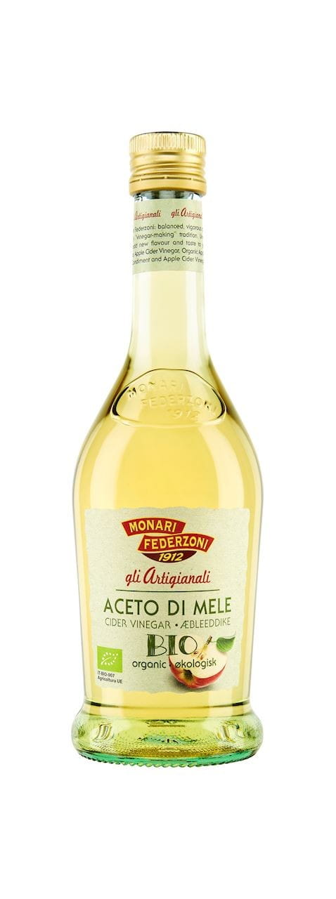 Bio Apfelessig von MONARI FEDERZONI in 500 ml Flasche, naturbelassen und klar, ideal für Salate und gesunde Ernährung.