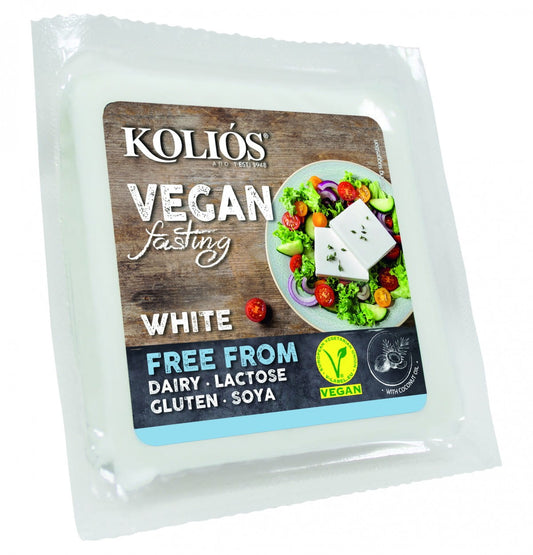 Vegane Käsealternative von KOLIOS, 200 g, cremige pflanzliche Weißkäse-Alternative in Packung, sichtbare Verpackung und Produkt.
