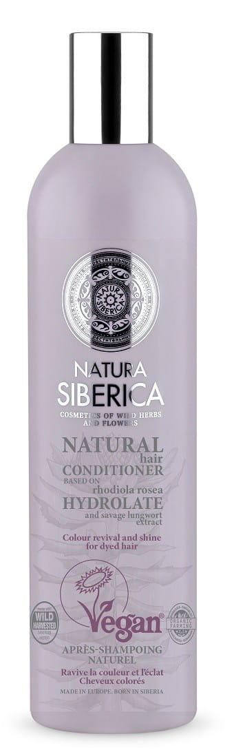 Eco Farbe und Glanz Conditioner für coloriertes Haar von NATURA SIBERICA, 400 ml, zeigt glänzendes, gepflegtes Haar.