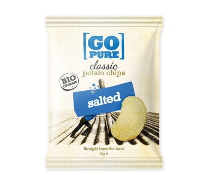 Glutenfreie Salzchips BIO von GO PURE, 40 g, knusprige Bio-Salzchips in attraktiver Verpackung.
