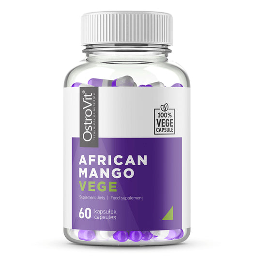 Afrikanischer Mangosamenextrakt in 60 Kapseln, 47 g, von OSTROVIT, zeigt die Kapseln und Verpackung auf weißem Hintergrund.