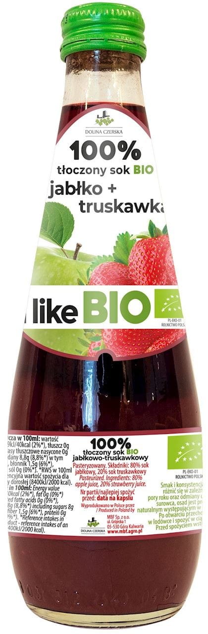 Bio Apfel-Erdbeer-Saft von DOLINA CZERSKA in 300 ml Flasche, zeigt frische Äpfel und Erdbeeren in der Flasche