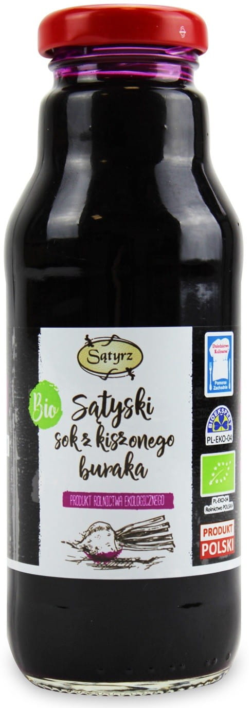 Bio eingelegter Rote-Bete-Saft von SĄTYRZ in 300 ml Flasche, frisch und natürlich, sichtbar in der Flasche.