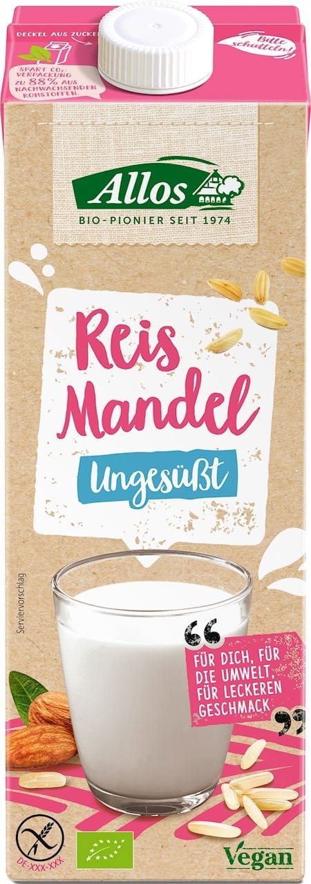 Glutenfreies Reis- und Mandelgetränk BIO von ALLOS in 1000 ml Flasche, cremige pflanzliche Milchalternative, Nahaufnahme