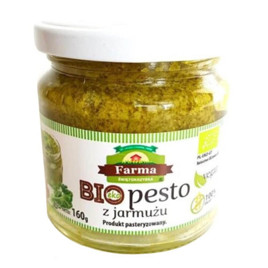 Bio-Grünkohlpesto von FARMA ŚWIĘTOKRZYSKA in 160 g Glas, glutenfrei, cremiges grünes Pesto mit Grünkohl und Kräutern