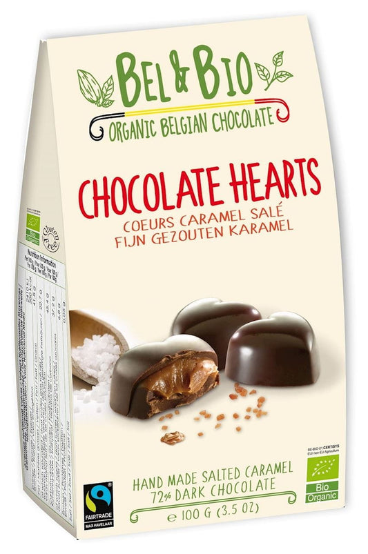 Belgische Herzpralinen mit Karamell, Meersalz, fair gehandelt, glutenfrei und bio, 100 g, BEL&BIO