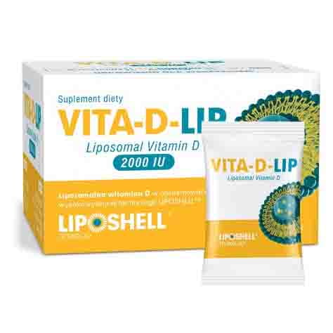 Liposomales Vitamin D 2000 IU in 30 Beuteln mit ASCOLIP von LIPID SYSTEMS SP. Z O. O., zeigt die Verpackung und Beutel.