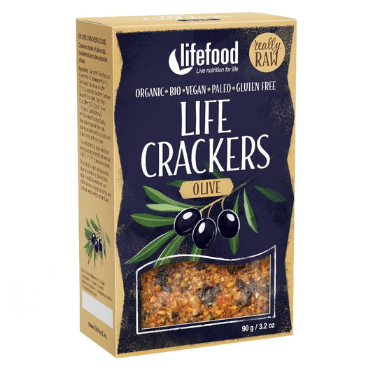 Knuspriger BIO Cracker mit Oliven von LIFEFOOD, roh, 90 g, zeigt die goldbraune Oberfläche und Olivenstückchen.