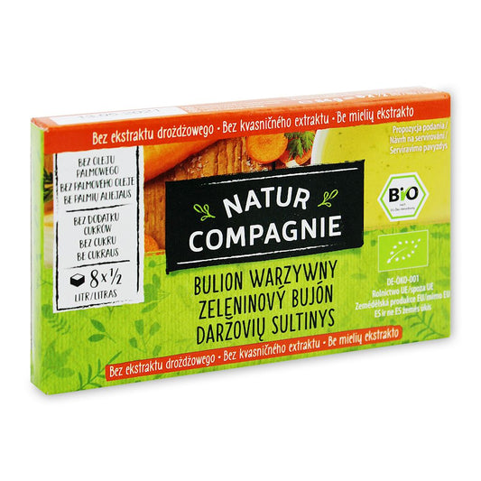 Gemüsewürfel ohne Hefe von NATUR COMPAGNIE, Bio-Brühwürfel in 84 g Verpackung, Nahaufnahme der Verpackung und Produktelemente
