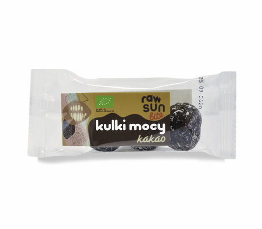 Bio Kakaokugeln von RAW SUN BITE, 39 g, roh und schokoladig, mit Kakaobohnen und natürlichen Inhaltsstoffen.