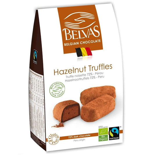 Belgische Haselnusstrüffel von BELVAS, glutenfrei, fair gehandelt, Bio, 100 g, mit Haselnüssen und Schokolade.