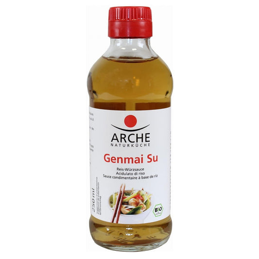 Bio Genmai Su Reisessig von ARCHE in 250 ml Flasche, japanischer brauner Reisessig mit klarer Flüssigkeit.