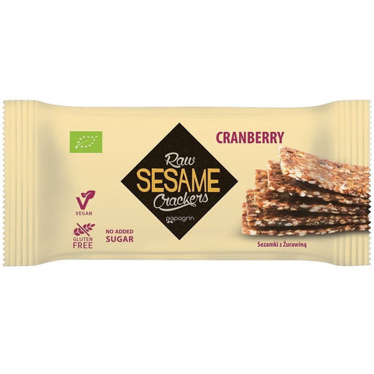 Bio glutenfreier Sesam mit Preiselbeeren von PAPAGRIN, 20 g, Nahaufnahme der Verpackung und Sesam-Knuspertasche