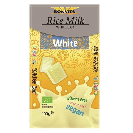 Weiße, glutenfreie und laktosefreie Schokolade von BONVITA mit Reisdrink, 100 g Bio-Qualität, cremige Textur, Verpackungsansicht