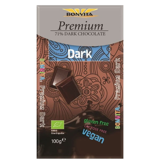 Dunkle Bio-Edelbitterschokolade 71% von BONVITA, glutenfrei, fair gehandelt, 100 g, zeigt die Schokoladentafel vor Verpackung