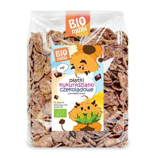 Schokoladen-Bio-Cornflakes von BIOMINKI in 250 g Verpackung, knusprige Frühstücksflocken in einer Schüssel.