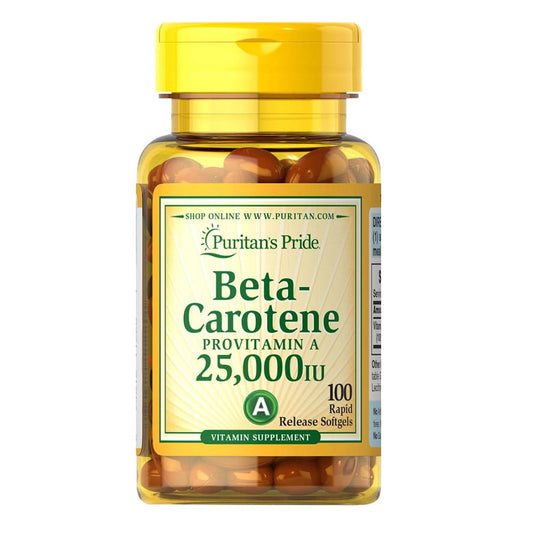 Beta-Carotin 25.000 IE Provitamin A Kapseln von PURITAN'S PRIDE in einer Dose, Nahaufnahme der Verpackung