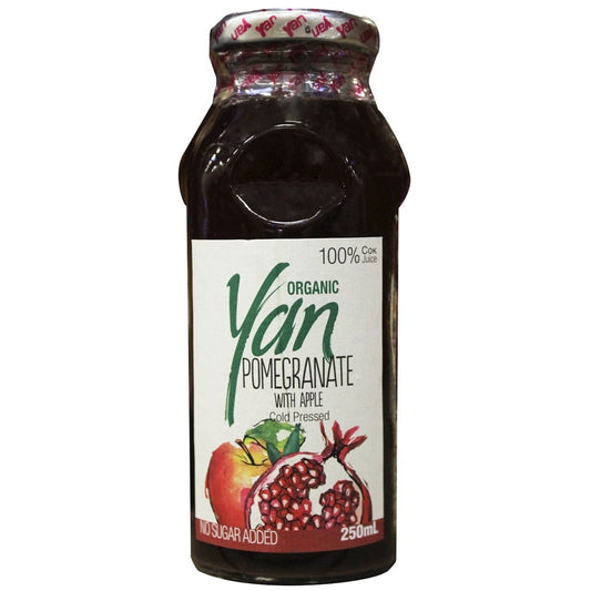 Bio Granatapfelsaft mit Apfel von YAN, 250 ml Flasche, zeigt frischen Granatapfel und Apfel auf der Verpackung
