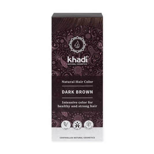 Dunkelbraune Khadi Henna-Paste in einem Behälter, natürliche Haarfarbe, biogo Marke, für gesundes Haar.