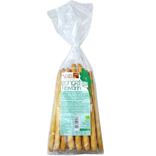 Knusprige Bio-Grissini Finger mit Rosmarin von LA BUONA TERRA, 150 g, auf einem weißen Teller.