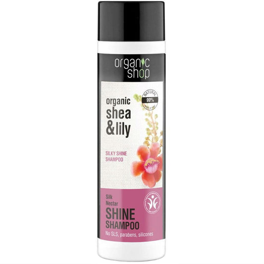Haarshampoo Seidenglanz Seidennektar von Organic Shop, 280 ml Flasche mit cremiger Textur und glänzendem Haar.