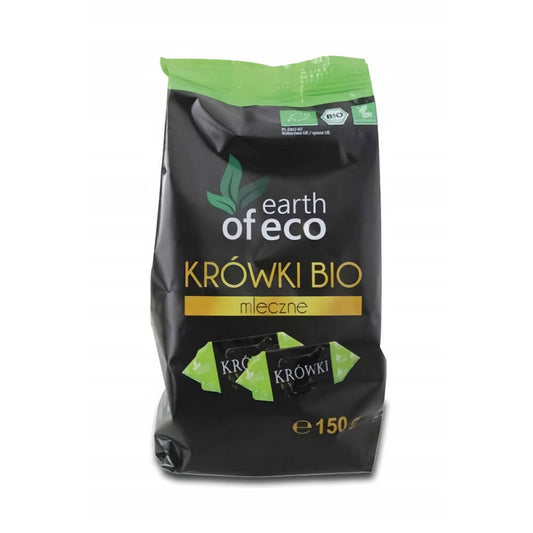 Bio glutenfreie Milchkaramellen von EARTH OF ECO, 150 g, cremige Süßigkeiten in goldener Verpackung.