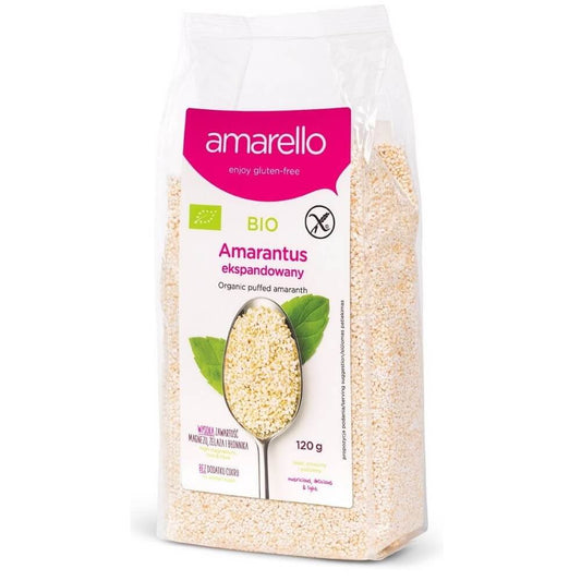 Glutenfreier, biologischer Amaranth expandiert, 120 g, von BIOPLANET, in einer transparenten Verpackung.