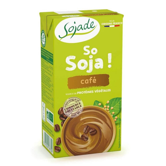 Glutenfreies Sojabohnendessert von SOJADE in 530 g Bio-UHT-Flasche, cremige Textur, sichtbare Sojabohnen und Verpackung