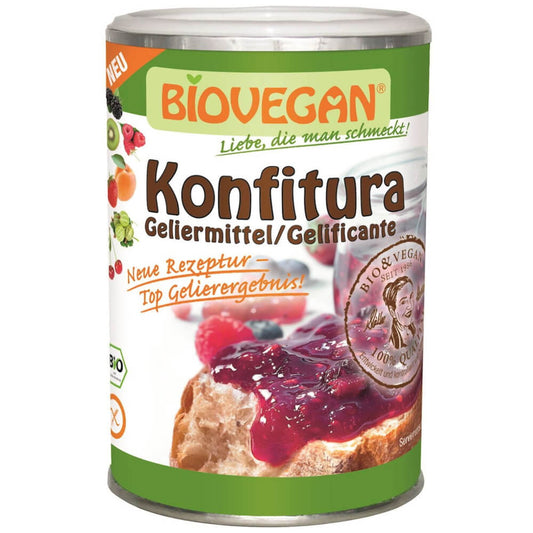 Glutenfreies, veganes Geliermittel für Konserven in 145 g, biologisch, von BIO VEGAN, zeigt die Verpackung und Zutaten.
