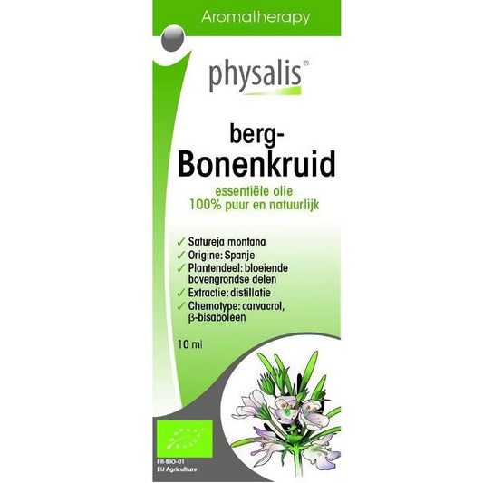 Ätherisches BIO-Öl Bergbohnenkraut von biogo, 10 ml, Flasche mit grüner Beschriftung, natürliches Kräuteröl für Aromatherapie.