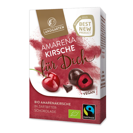 Gefriergetrocknete Amarenakirschen in Zartbitterschokolade von LANDGARTEN, glutenfrei und BIO, 90 g, Nahaufnahme der Schokoladenkirschen