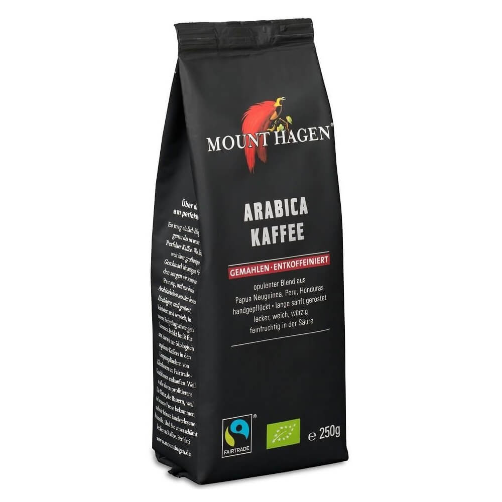 Gemahlener Kaffee Arabica, geröstet entkoffeiniert, fair gehandelt BIO 250 g - MOUNT HAGEN