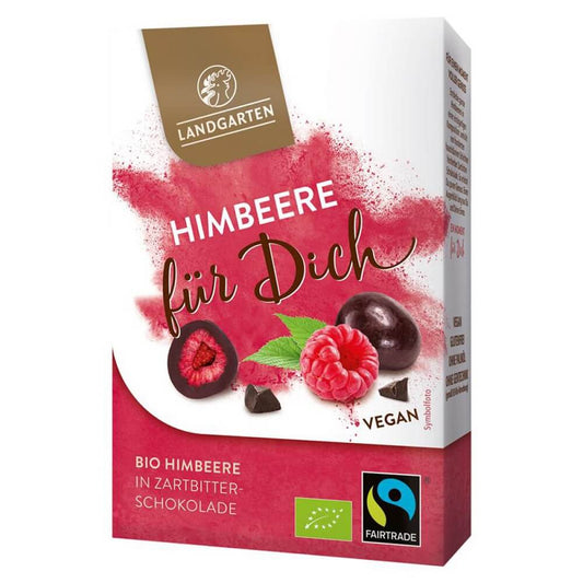 Gefriergetrocknete Himbeeren in Zartbitterschokolade von LANDGARTEN, glutenfrei, BIO, 90 g, fruchtig und schokoladig.