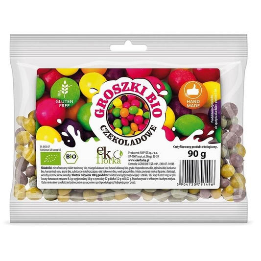 Glutenfreie Schokoladenerbsen BIO von EKOFLORKA in 90 g Verpackung, Schokoladenerbsen mit Bio-Label, Nahaufnahme