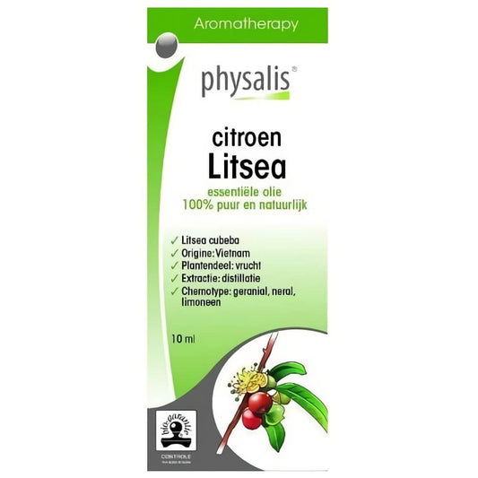 Ätherisches Citroen Litsea Öl von biogo in 10 ml Flasche, exotisches Eisenkraut, zeigt die gelbe Flüssigkeit im Flaschenhals.