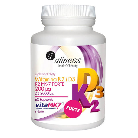 Vitamin K2 MK - 7 FORTE mit Natto 200 mcg und D3 2000 IE 60 Kapseln ALINESS