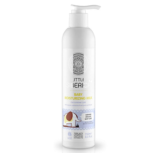 Feuchtigkeitsmilch für Kinder von NATURA SIBERICA, 250 ml Flasche mit kinderfreundlicher Pflege, auf weißem Hintergrund.