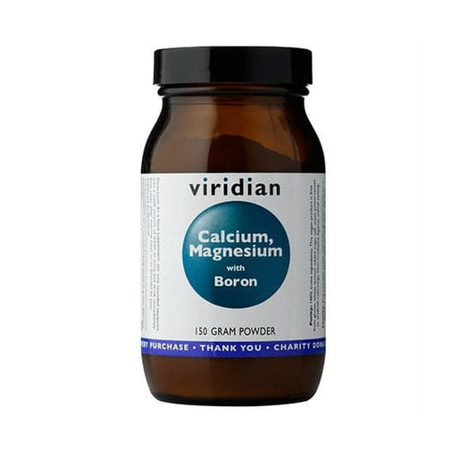 Calcium Magnesium und Bor Pulver von VIRIDIAN, 150g, in einer offenen Verpackung, zeigt das weiße Pulver in einem Beutel.