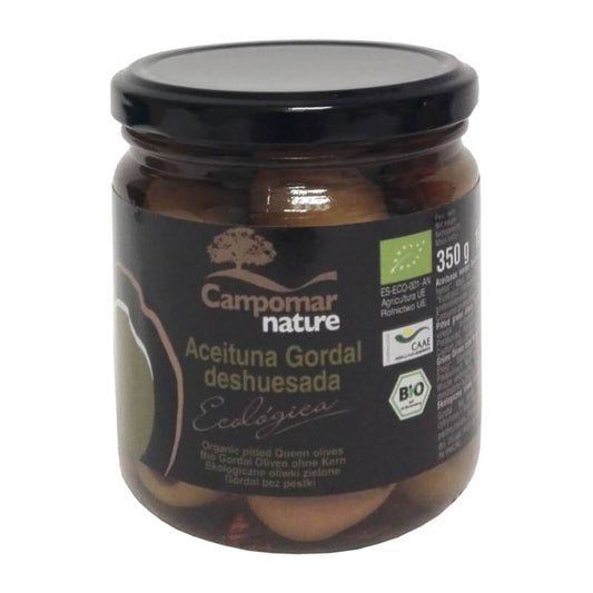 Grüne, entsteinte BIO Gordal Oliven von CAMPOMAR NATURE in 350 g Packung, frisch und saftig, ideal für Salate und Snacks.