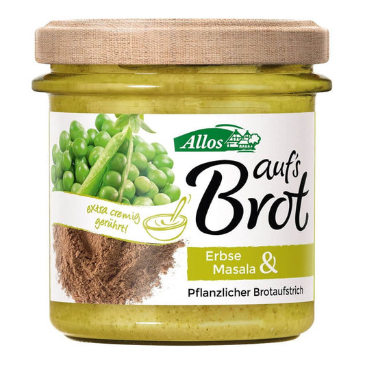 Cremepaste mit Erbsen und Bio-Masala von ALLOS, 140 g, cremige indische Gewürzpaste in Glas.
