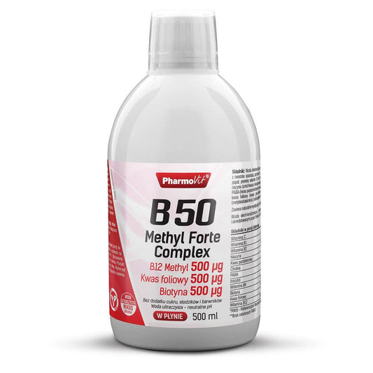 Vitamin B-Komplex PHARMOVIT B50 Methyl FORTE mit Folsäure und Biotin in 500ml Flasche, vitaminreiche Nahrungsergänzung